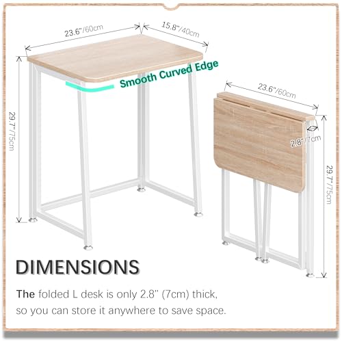 4NM 23.6" Mobile Small Folding Desk, Foldable Rolling Computer Home Office Desk, Study Writing Table for Small Space Saving Bedroom, with Wheels - Natural and White - color: Natural and White, size: 23.6"W x 15.7"D