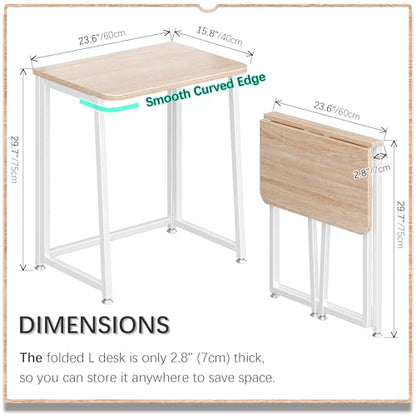 4NM 23.6" Mobile Small Folding Desk, Foldable Rolling Computer Home Office Desk, Study Writing Table for Small Space Saving Bedroom, with Wheels - Natural and White - color: Natural and White, size: 23.6"W x 15.7"D
