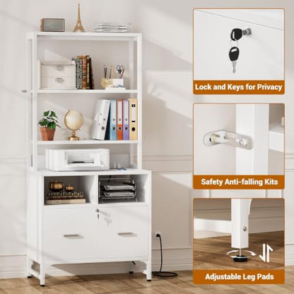 Homieasy Vertical File Cabinet with Shelves and Charging Station, White - color: White