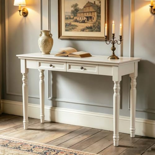 47" Narrow Solid Wood Writing Desk with Drawers, White - color: White, size: Narrow-47 inches