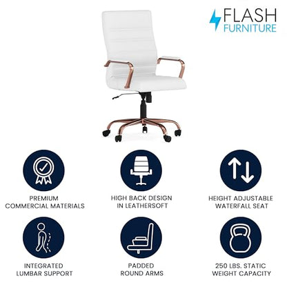 Flash Furniture LeatherSoft Executive Office Chair, White/Rose Gold | 360° Swivel, Height Adjustable, Commercial Grade - color: White Leathersoft/Rose Gold Frame