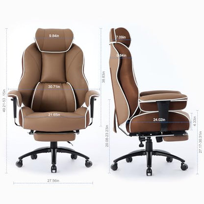 DJ·Wang Big and Tall Office Chair with Foot Rest, High Back Executive Office Chair PU Leather, Ergonomic Chairs with Lumbar Support, 135° Reclining Chairs with Thickened Spring Cushion Brown - color: Pu Brown