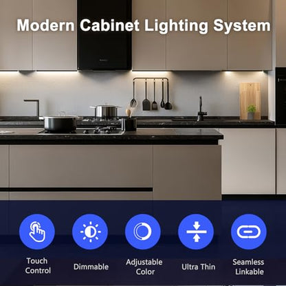 VST Touch Control 6 Pack Under Cabinet Lighting, 2700K-6500K, Black | LED Cabinet Light Bars, Dimmable & Adjustable Color Temperature, Ultra Thin Linkable Under Counter Lights for Kitchen, Closet - color: Black