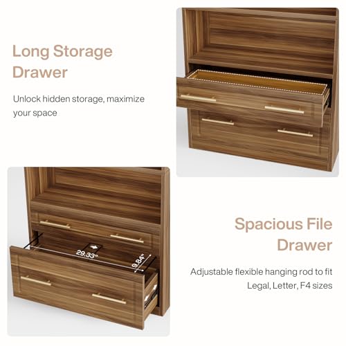 Tribesigns 76.8" Tall Arched Bookcase with File Cabinet Drawer, Brown - color: Walnut Brown