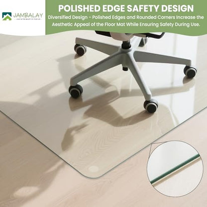 JAMBALAY 55″×46″ Tempered Glass Chair Mat, Heavy Duty Glass Office Floor Mat for Carpets and Wooden Floor, with 12 Anti-Slip Pads, Polished Edges and Round Corners, Easy Roll On, Thick 0.2″ - size: 55"x46"-No Lip