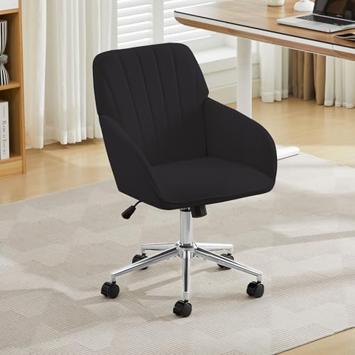 YITAI Velvet Office Desk Chair with Wheels and Silver Base,Modern Height Adjustable 360 Degree Swivel Upholstered Vanity Chairs with Arms for Living Room Bedroom, Study,Black - color: Silver Black