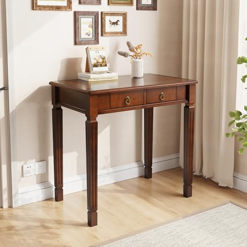 Wood Writing Desk with 2 Drawers, Small Vanity Desk, Cherry Walnut - size: 31.5"W
