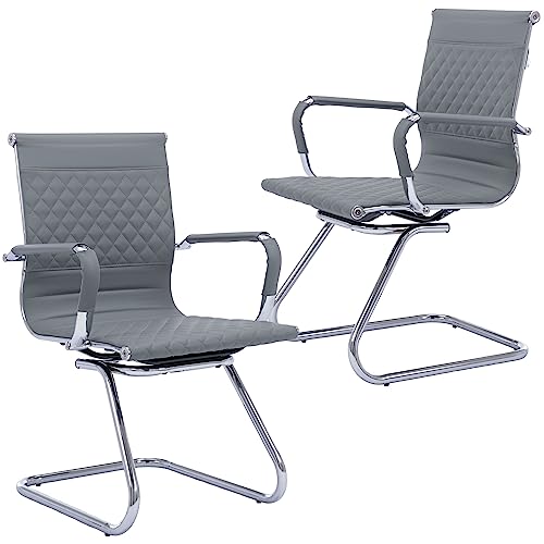 BESTANO Office Guest Chairs Reception Chairs Waiting Room Chairs Set of 2 Conference Room Chair with Mid Back, Modern PU Leather Desk Chair, Grey - color: Grey