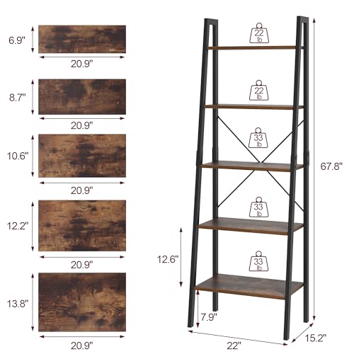 FINETONES 5-Tier Ladder Shelf, Ladder Bookshelf Bookcase with Metal Frame, Plant Rack Display Shelf Accent Furniture for Home Office, Black/Rustic Brown
