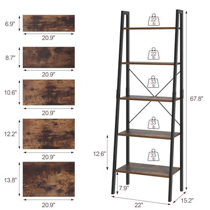 FINETONES 5-Tier Ladder Shelf, Ladder Bookshelf Bookcase with Metal Frame, Plant Rack Display Shelf Accent Furniture for Home Office, Black/Rustic Brown