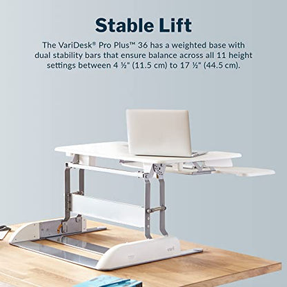 Vari Varidesk Pro Plus 36 Standing Desk Converter – 11 Height Settings + Spring Lift, 2 Tier Design, Keyboard Tray, Fits Desktops 36” Wide x 26.5" Deep – Delivers Fully Assembled (White) - color: White