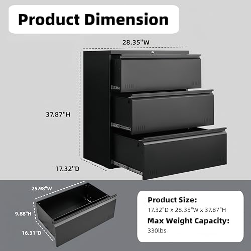 Approgreent Lateral 3 Drawer File Cabient with Lock, Metal Filing Cabinets for Home Office, Heavty Duty Office Storage Cabinet for A4/Letter/Legal (Matte Black) - color: 17-k Black