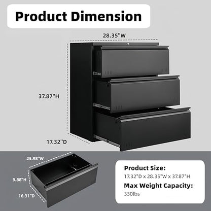 Approgreent Lateral 3 Drawer File Cabient with Lock, Metal Filing Cabinets for Home Office, Heavty Duty Office Storage Cabinet for A4/Letter/Legal (Matte Black) - color: 17-k Black