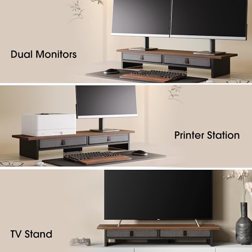 Fenge 35 Inch Monitor Stand with Drawer Storage, Computer Riser for Desk - color: Brown