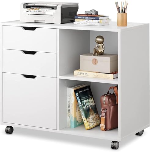 DEVAISE 3 Drawer File Cabinet, Lateral Filing Cabinet White | Mobile Printer Stand, Open Storage Shelves, Letter & A4 Compatible, Wood, Home Office - color: White