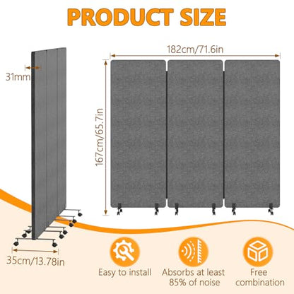 Soundproof Room Divider with Wheels, 66in Acoustic Room Divider Panel, 3 Panel Office Partition Wall for Noise Cancelling, Portable Temporary Wall Cubicle Divider (Dark Gray) - color: Dark Gray