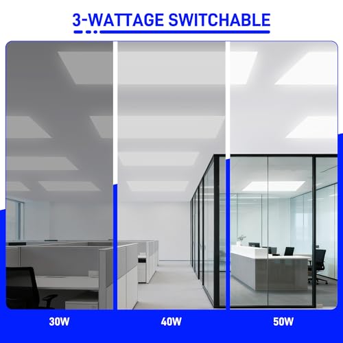 hykolity 2x4 LED Flat Panel Light,30W/40W/50W Dimmable,Drop Ceiling 2 Pack | Selectable Watts 0-10V Dimmable 5000K Daylight 6500LM ETL Recessed Light for Office Classroom Garage Replaces 3-Lamp Fixture