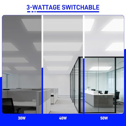 hykolity 2x4 LED Flat Panel Light,30W/40W/50W Dimmable,Drop Ceiling 2 Pack | Selectable Watts 0-10V Dimmable 5000K Daylight 6500LM ETL Recessed Light for Office Classroom Garage Replaces 3-Lamp Fixture