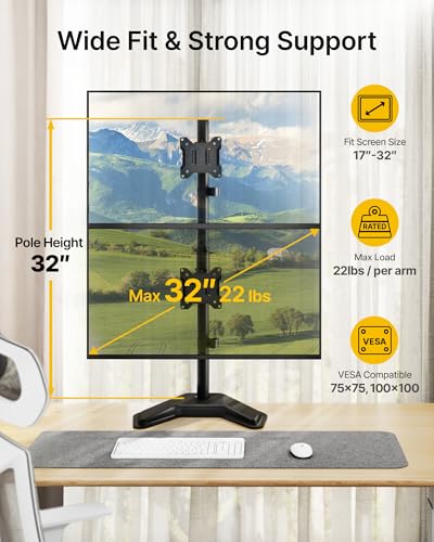 monTEK Freestanding Stacked Dual Monitor Stand for 17-32", 22 lbs Each | Solid V-shaped base, vertical dual-screen full-motion arms, height adjustment, tilt, swivel, rotation and VESA 75/100 - size: Dual Monitor