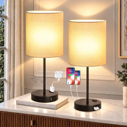 Lynnoland Set of 2 Touch Beige Table Lamps with 2 USB Ports & AC Outlet, 3-Way Dimmable Bedside Nightstand Lamps for Living Room Nursery Office Bedroom, 800 Lumens 2700K Warm Bulbs Included - color: Beige Linen & Matte Black (Base) - 2700K