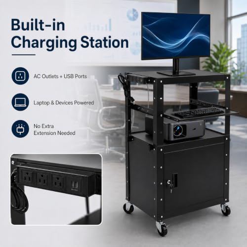 Height Adjustable Mobile AV Cart with Lockable Cabinet, Heavy Duty Rolling Presentation Workstation with Power Outlet & USB Ports, Pull-Out Laptop Tray for Office Classroom Home - size: 24x18x41.5in