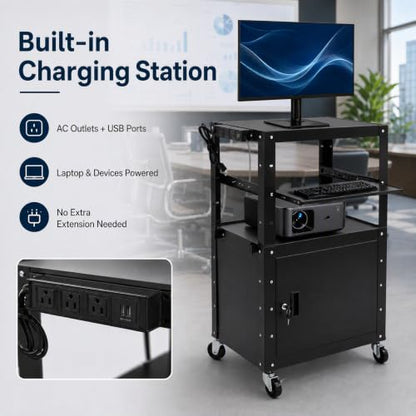 Height Adjustable Mobile AV Cart with Lockable Cabinet, Heavy Duty Rolling Presentation Workstation with Power Outlet & USB Ports, Pull-Out Laptop Tray for Office Classroom Home - size: 24x18x41.5in