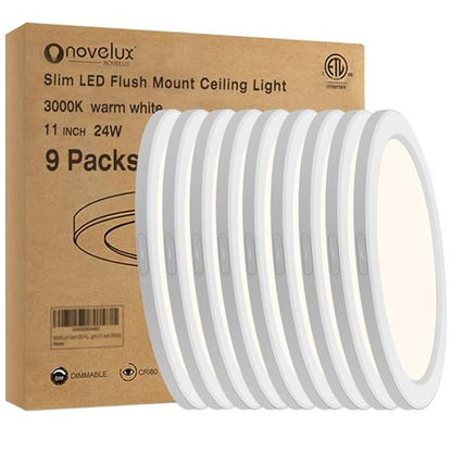 Flush Mount Ceiling Light Fixture - ETL Certified - 11 Inch Dimmable 3000K Warm White LED, 0.63'' Ultra Thin Round Design for Bedroom, Bathroom, Kitchen, Hallway, Basement, Closet (9-Pack)‌ - color: White, 3000K, size: 11 inch (9 Pack)