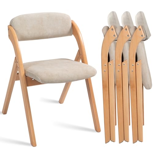 Folding Chairs with Cushion Padded Foldable Chiars 4 Pack | Wooden Dining Fold Seat with Removable Cover Extra Chair for Guests Kitchen Office Wedding Party Picnic, Cream - color: Cream, size: 4PCS