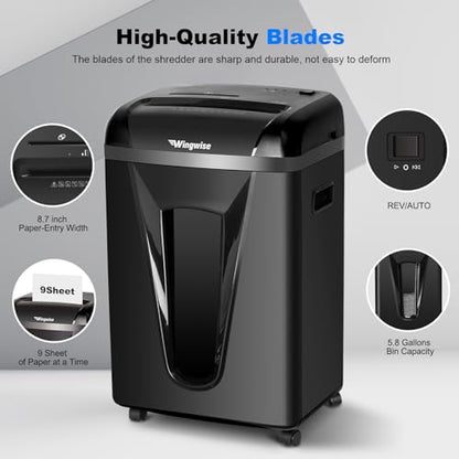 Wingwise 9 Sheets Micro Cut Paper Shredder for Home Office | P-5, 10 Mins Runtime, 5.8 gal, Shreds CDs & Credit Cards
