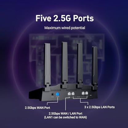 GL.iNet GL-BE9300 Flint 3 Tri-Band Wi-Fi 7 Router 5 x 2.5G VPN Router | Tri-Band Wi-Fi 7 with 6GHz, 9 Gbps wireless speed for smooth 8K streaming, low-latency gaming, and video calls