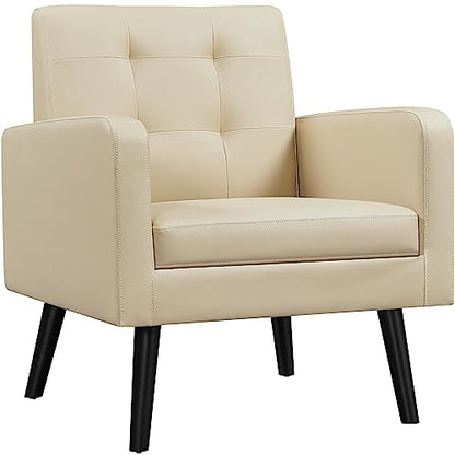 Yaheetech Mid Century Accent Chair Living Room Chair Retro Beige | Faux Leather Upholstered Sillones Para Sala, Modern Reading Nook Chair, Button Tufted Back, Rubberwood Legs, Bedroom Office - color: Beige, size: set of 1