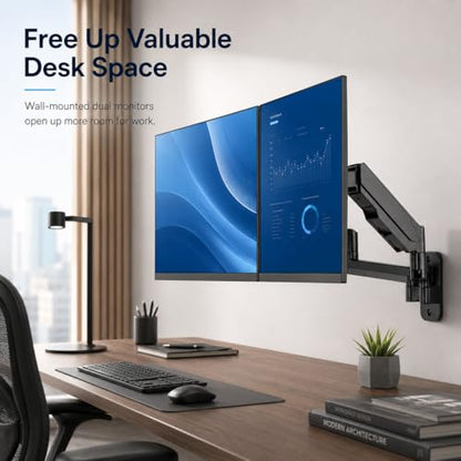 Mount-It! Dual Monitor Wall Mount Bracket - Double Computer Monitor Wall Mount With Two Height Adjustable Full Motion Arms Tilt up to 17" - 32" Inch Screens with 75, 100 VESA Patterns, 19.8 Lb Per Arm