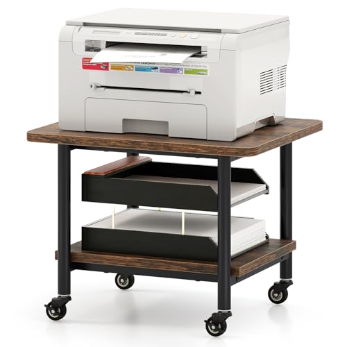 GOFLAME Under Desk Printer Stand, 2-Tier Industrial Mobile Printer Table with Storage Shelf, Metal Frame, Rolling Printer Cart Holder Storage Rack with Lockable Wheels for Home Office, Brown - color: Brown