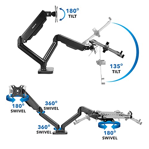 Mount-It! Monitor and Laptop Desk Mount, Height Adjustable Dual Arm Stand with Vented Laptop Tray, Fits Laptops up to 17 Inch and 13–27 Inch Monitors, VESA 75x75 & 100x100, Clamp or Grommet Mount - style: Laptop + Monitor Arm