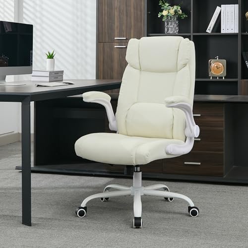 Office Desk Chair,Ergonomic Conference Room Chairs,Mid Back Executive Leather Chair,Comfy Computer Desk Chairs with Adjustable Flip-Up Arms and Rocking Function (Beige) - color: Beige