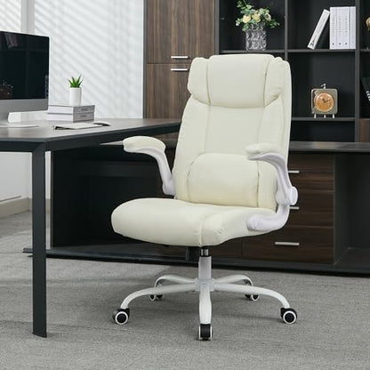 Office Desk Chair,Ergonomic Conference Room Chairs,Mid Back Executive Leather Chair,Comfy Computer Desk Chairs with Adjustable Flip-Up Arms and Rocking Function (Beige) - color: Beige