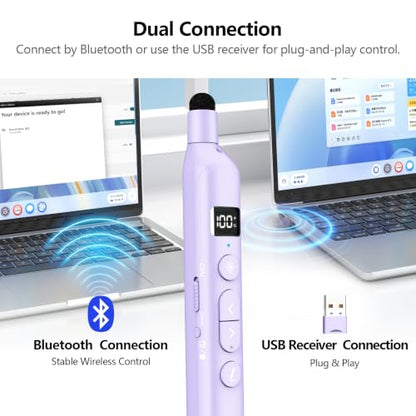 N21 Bluetooth Presentation Clicker for PowerPoint with Retractable Pointer | ①Laser Pointer②Telescopic touch pen③Countdown timer, vibration alert ④Customizable Button ⑤Rechargeable;battery level display - color: Purple - Green Pointer