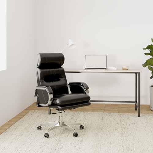 Genuine Leather Modern Executive Chair High-Back Support 90 to 150 Degrees Tilt and Upholstered Home Desk Chair with Base 360LB Capacity Swivel Computer Office Chair (Black) - color: Black