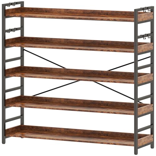 HCHQHS 5 Tier Bookshelf, Adjustable Industrial Bookcase, Vertical Tall Book Shelf, Wood and Black Metal Open Bookshelves for Home Office, Living Room, Bedroom - color: Rustic Brown, size: 5-Tier (47"W x 57"H)