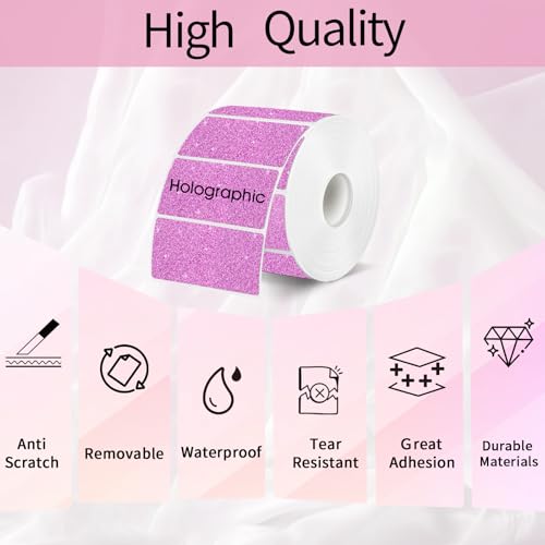 3x2 Inch Holographic Thermal Labels, Glitter Pink Thermal Sticker Labels, Waterproof Thermal Printer Stickers for Price, Barcode, Name, Custom Logo Design, 200 Pcs/Roll - color: Holographic Pink, size: 2*3 inch/1 roll