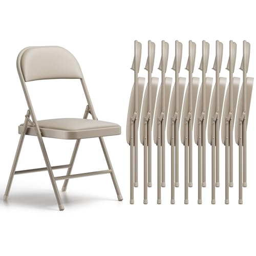 Folding Chairs 10 Pack, PU Leather Padded Folding Chairs for Outside and Indoor, Heavy Duty Portable Foldable Metal Commercial Seat for Home Office, Dorm, Party, Backyard, Lawn, Patio, Khaki - color: Khaki, size: 10 Pack