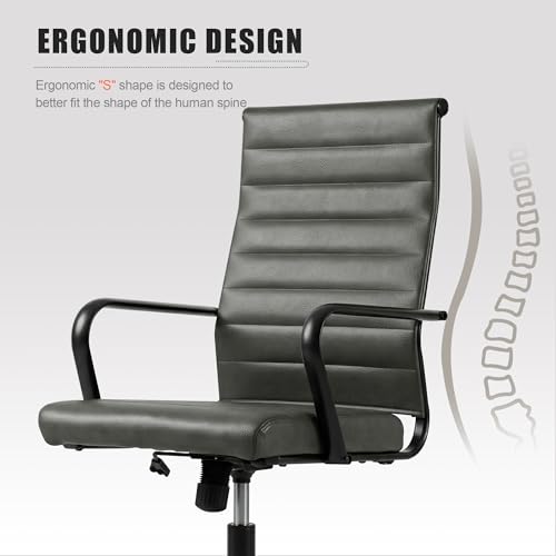 Okeysen Genuine Leather Office Desk Chair, Mid-Century Modern Real Leather Conference Room Chairs, Ergonomic Executive Ribbed Height Adjustable Swivel Rolling Chair for Home Office. - color: Dark Grey