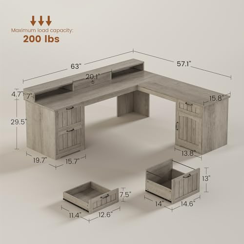 SEDETA Farmhouse 63" L Shaped Desk with Drawers and Storage Cabinet | Office Desk with File Drawers, Wood Corner Computer Desk with Storage, Home Office Desk with Monitor Stand,Grey - color: Grey