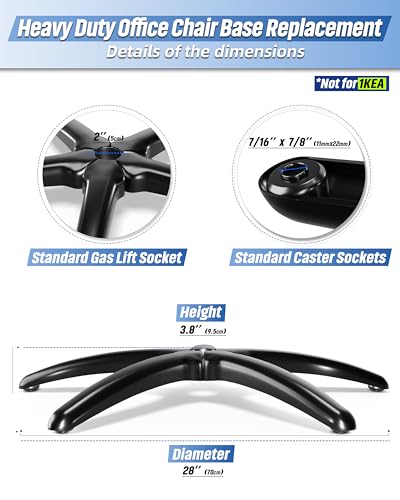 Sytopia 28" Heavy Duty Chair Base & Gas Cylinder Set – Metal Base with 5 Casters (Total Height: 7.5"), Gas Lift Adjustable from 11.5" to 17.5", Fits Standard 2" Cylinder Hole