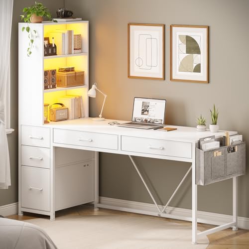 SEDETA Computer Desk with 5 Drawers and Bookshelf, Reversible Home Office Desk with Storage Shelves and File Drawer, Gaming Desk with LED Lights for Small Spaces, White - color: White