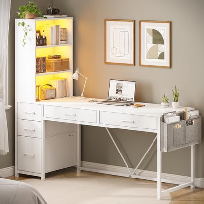 SEDETA Computer Desk with 5 Drawers and Bookshelf, Reversible Home Office Desk with Storage Shelves and File Drawer, Gaming Desk with LED Lights for Small Spaces, White - color: White