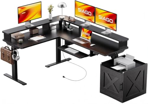 SIAGO 63x55 L-Shaped Standing Desk with Monitor Shelf & Cabinet - color: Black, size: 63 x 55 Inch with Cabinet