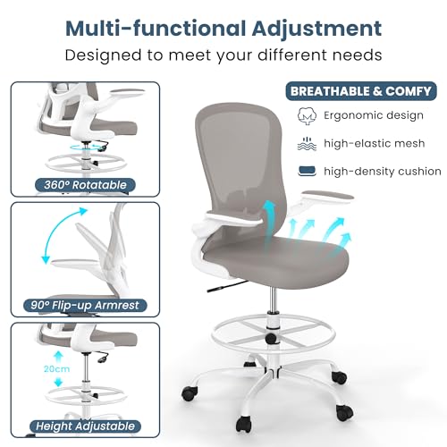 Drafting Chair, Tall Office Chair with Flip-up Armrests Executive Ergonomic Computer Standing Desk Chair, Office Drafting Chair with Lumbar Support and Adjustable Footrest Ring - color: Light Grey&white
