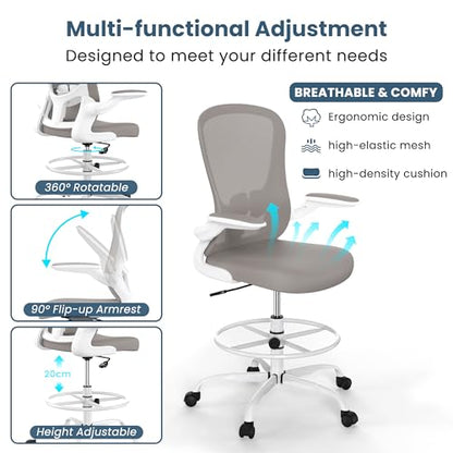 Drafting Chair, Tall Office Chair with Flip-up Armrests Executive Ergonomic Computer Standing Desk Chair, Office Drafting Chair with Lumbar Support and Adjustable Footrest Ring - color: Light Grey&white
