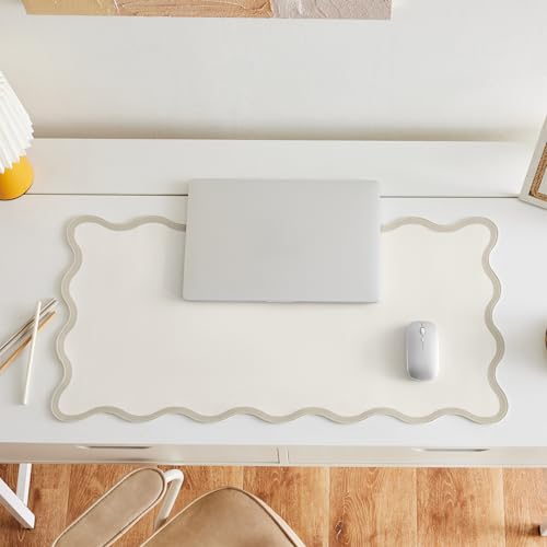 Scalloped Desk Mat, 31.5" x 15.7", PU Leather, Waterproof Anti-Slip, Cute Aesthetic Desk Pad for Office/Home/Game/Vanity (Beige, 31.5" x 15.7") - color: Beige